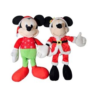 Pair Disney Mickey Mouse Santa Christmas Plush Stuffed Toy 19" 22" Holiday